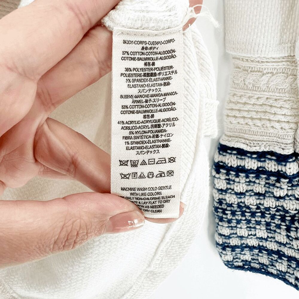 Free People Ski Lodge Alphine Henley Thermal Top Women L White Blue Crochet Cuff - Picture 7 of 7